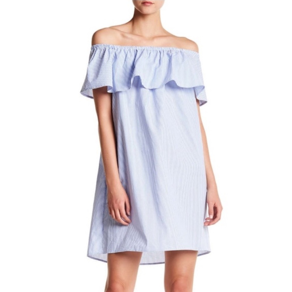 Vince Camuto Off-Shoulder Blue Striped Dress